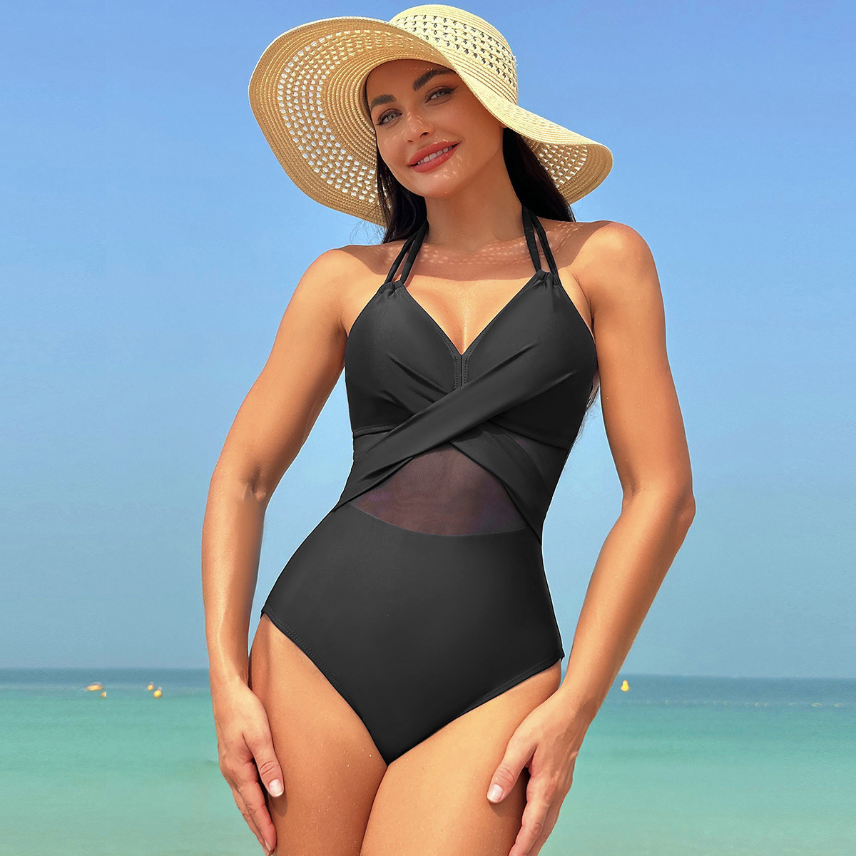 Halter Mesh Detail One-Piece Swimsuit