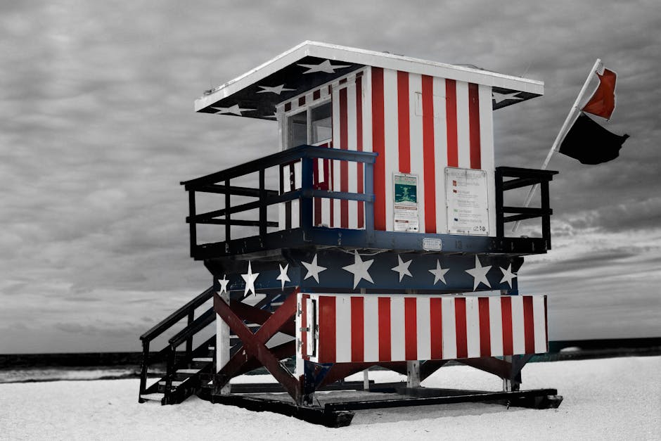 Patriotic beach lifeguard tower red white blue - Fourth of July swimwear styles 2026