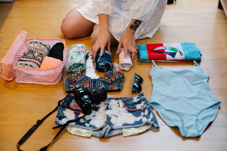 Beach vacation packing flat lay with essentials - two week beach vacation countdown prep