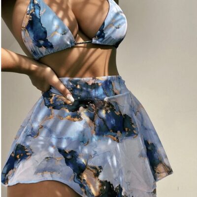 Marble Print Three-Piece Bikini Set | Women's Swimwear