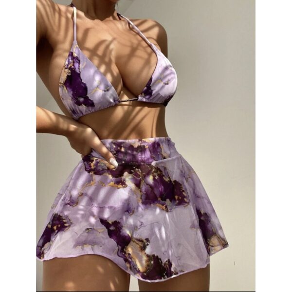 Marble print three-piece bikini set in high waisted cut