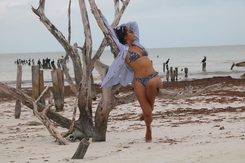 matching three piece bikini set in blue with cover up