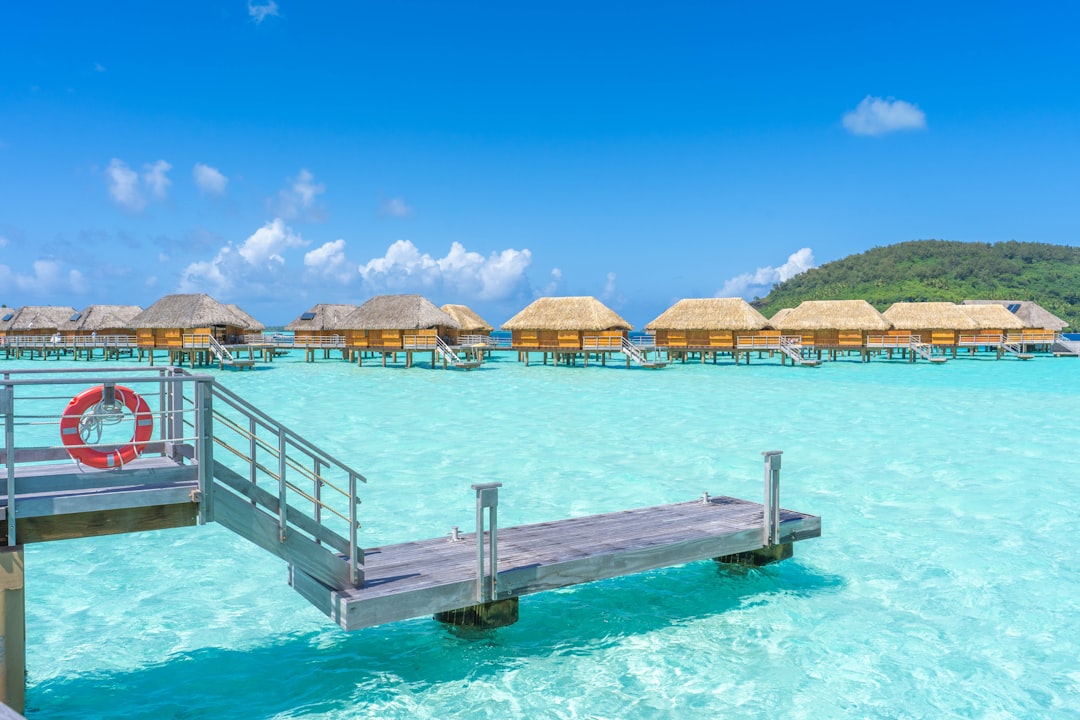 Lagoon with Overwater Bungalows in Bora Bora, French Polynesia.