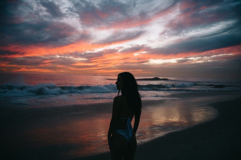 Scoop neck tankini top at sunset beach
