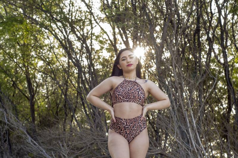 Vintage high waisted bikini set in leopard print outdoors