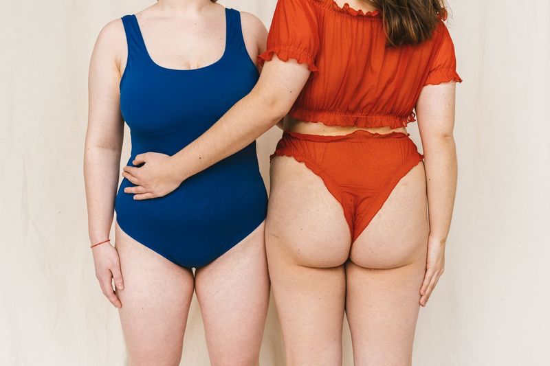 Comparison of one-piece and high-waisted bikini bottoms on petite frames