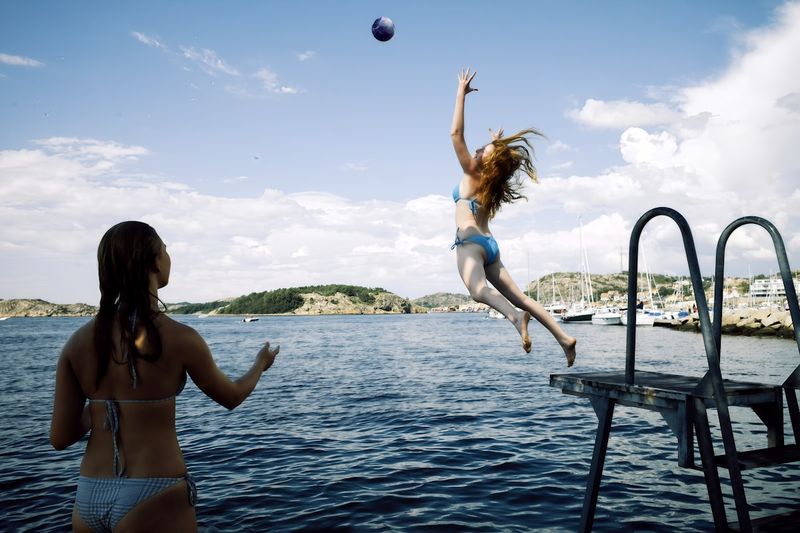 tummy control bikini friends having pool summer fun confidence