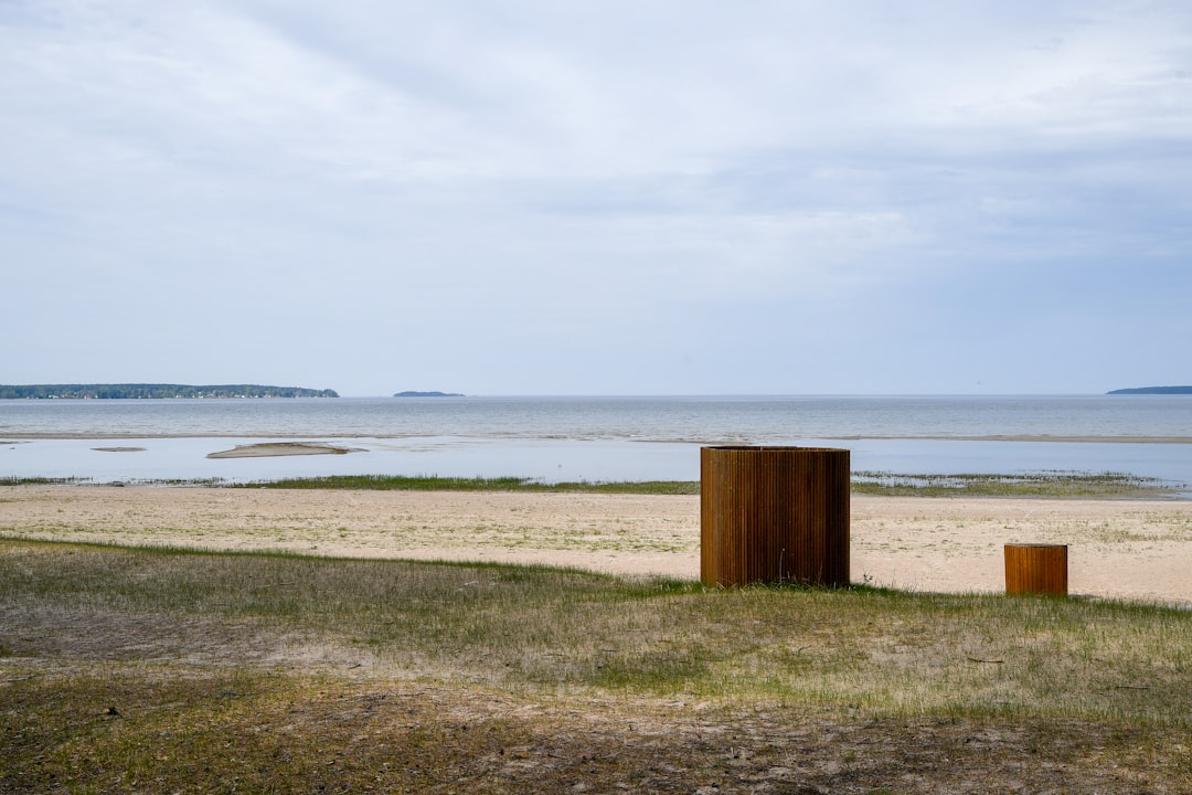 Minimalist Nordic beach landscape with wooden changing cabins on a sandy shore under a calm cloudy sky.