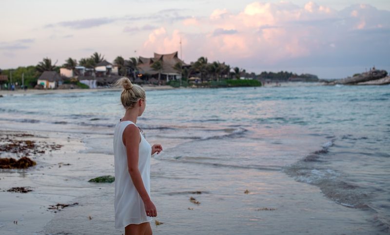 Resort swimwear white beach dress at dusk