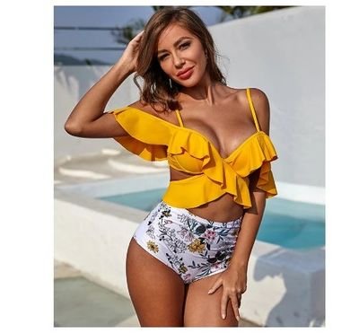 Ruffled Off-Shoulder High Waist Bikini Set