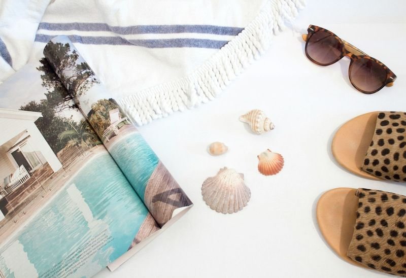 Sunglasses and sandals flatlay, beach bag essentials for accessories