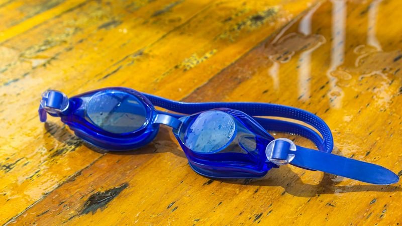 close-up of blue swim goggles for sale