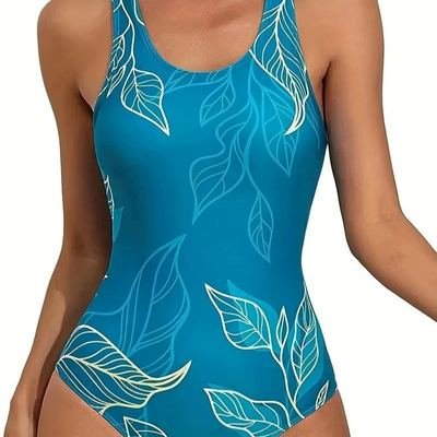 Tropical leaf racerback one-piece water aerobics swimwear